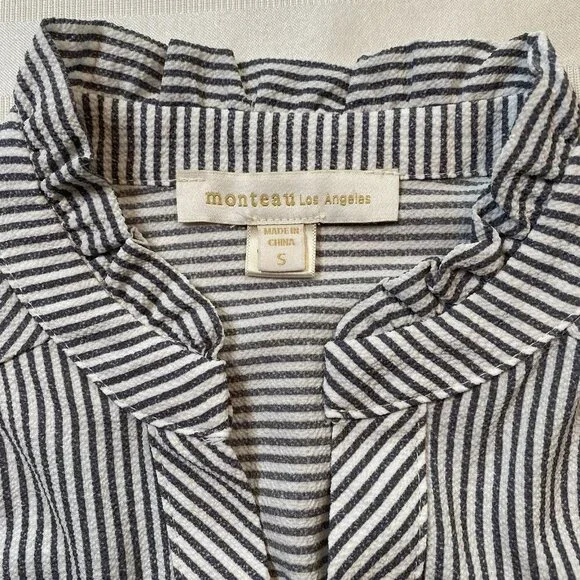 Monteau Baby Doll Vertical Stripe 3/4 Sleeve Top Size S Seersucker Black/White - Picture 3 of 12